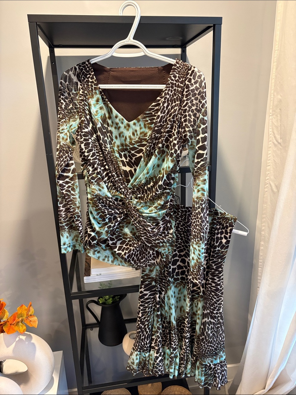 176. Two piece set Brown & Teal Animal Print Women's skirt and top
